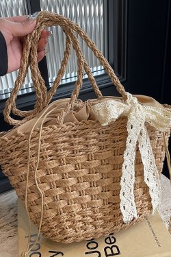Woven Country-Style Beach Bag for Women, Autumn 2025 Drawstring Bucket Tote, Boho Chic Vegetable Basket Bag
