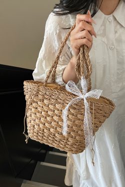 Woven Country-Style Beach Bag for Women, Autumn 2025 Drawstring Bucket Tote, Boho Chic Vegetable Basket Bag