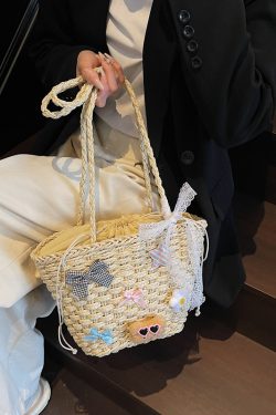 Woven Country-Style Beach Bag for Women, Autumn 2025 Drawstring Bucket Tote, Boho Chic Vegetable Basket Bag
