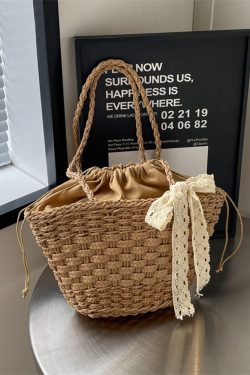 Woven Country-Style Beach Bag for Women, Autumn 2025 Drawstring Bucket Tote, Boho Chic Vegetable Basket Bag