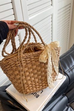 Woven Country-Style Beach Bag for Women, Autumn 2025 Drawstring Bucket Tote, Boho Chic Vegetable Basket Bag