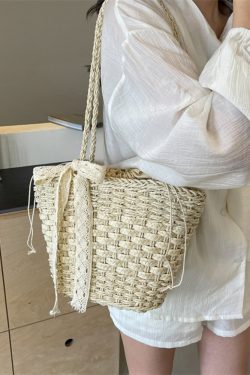 Woven Country-Style Beach Bag for Women, Autumn 2025 Drawstring Bucket Tote, Boho Chic Vegetable Basket Bag