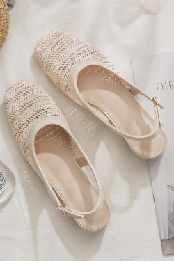 Woven Hollow Chunky Heel Evening Shoes - Sheepskin Closed-Toe Sandals for Women, Summer Fairy Style Flats Perfect with Skirts