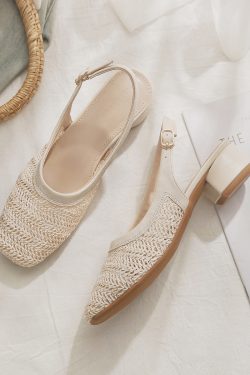 Woven Hollow Chunky Heel Evening Shoes - Sheepskin Closed-Toe Sandals for Women, Summer Fairy Style Flats Perfect with Skirts