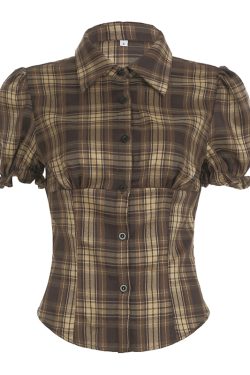 Y2K Blue and White Checkered Short-Sleeve Cropped Shirt for Women - Slimming Fit, Versatile Casual Top, Spicy Girl Style