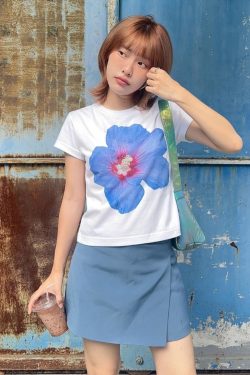 Y2K Floral Off-Shoulder Short Sleeve Crop Top for Women - Slim Fit American Retro Style Trendy Millennial Fashion