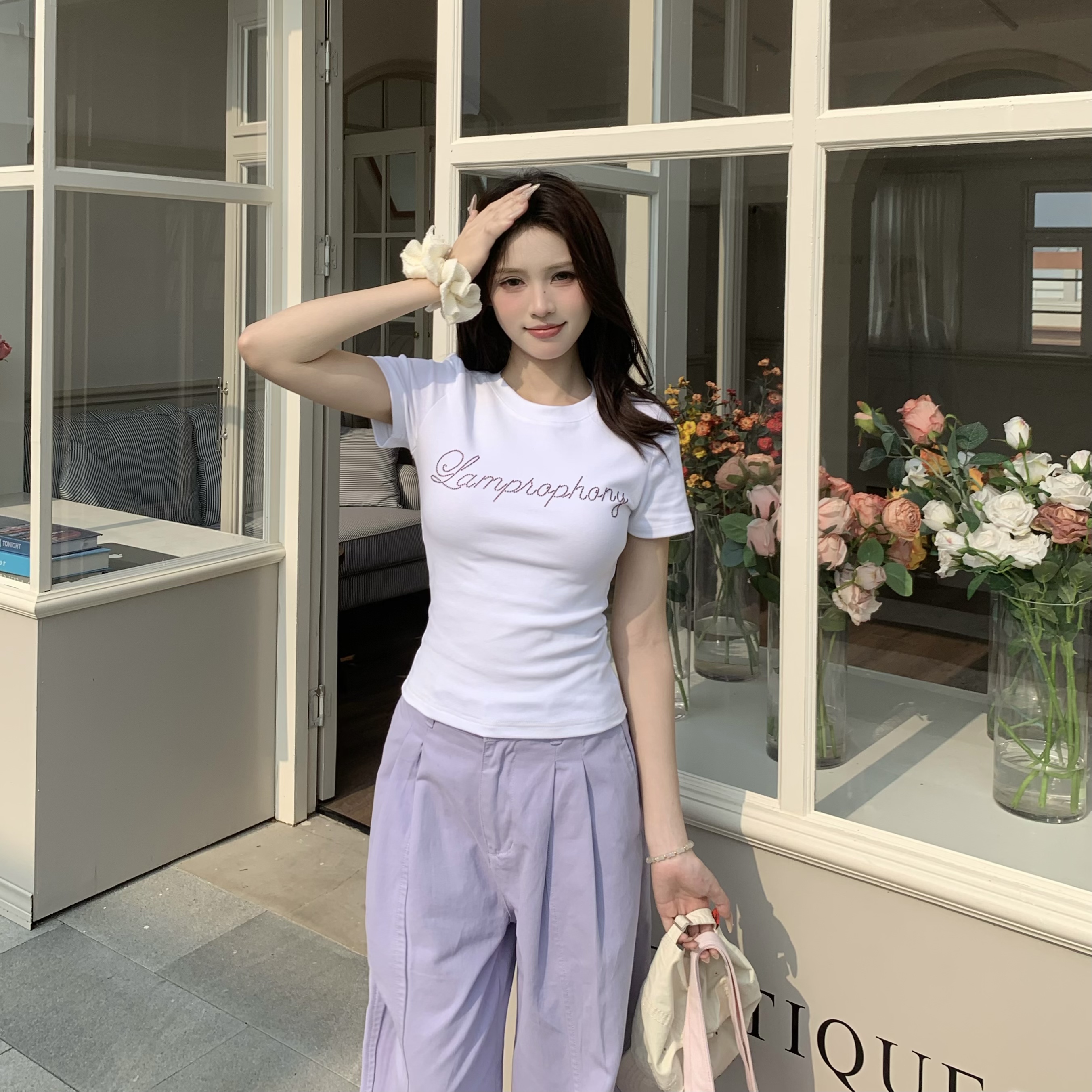 Yellow Letter Rhinestone Short Sleeve Off-Shoulder Crop Top for Women - Summer Slim Fit Hot Girl Style, 90s Inspired Fashion