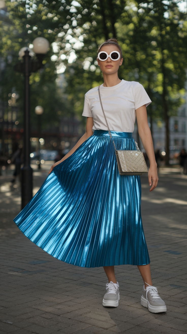 Blue Metallic Skirt Outfit: Shine Bright This Season outfit idea