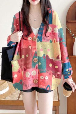 Style Core Aesthetics, New Style Trends Cartoon Cat Cardigan