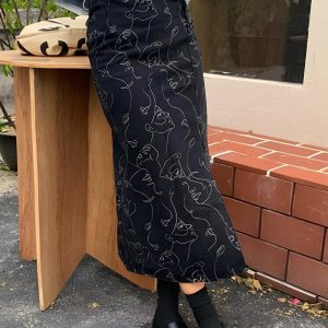 Abstract Faces Denim Midi Skirt