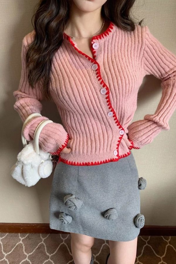 Asymmetric Contrast Trim Knit Cardigan