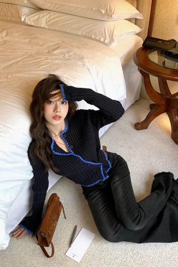 Asymmetric Contrast Trim Knit Cardigan