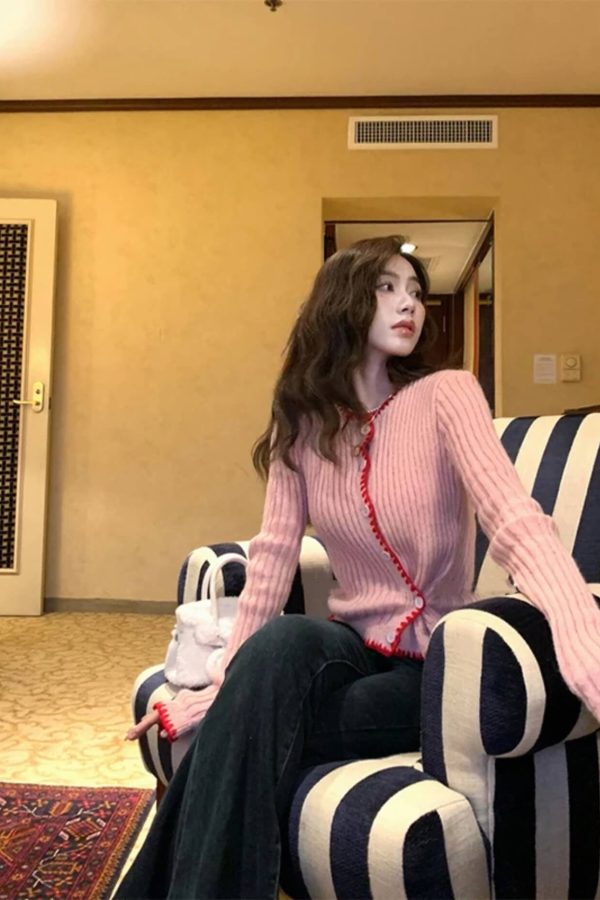 Asymmetric Contrast Trim Knit Cardigan