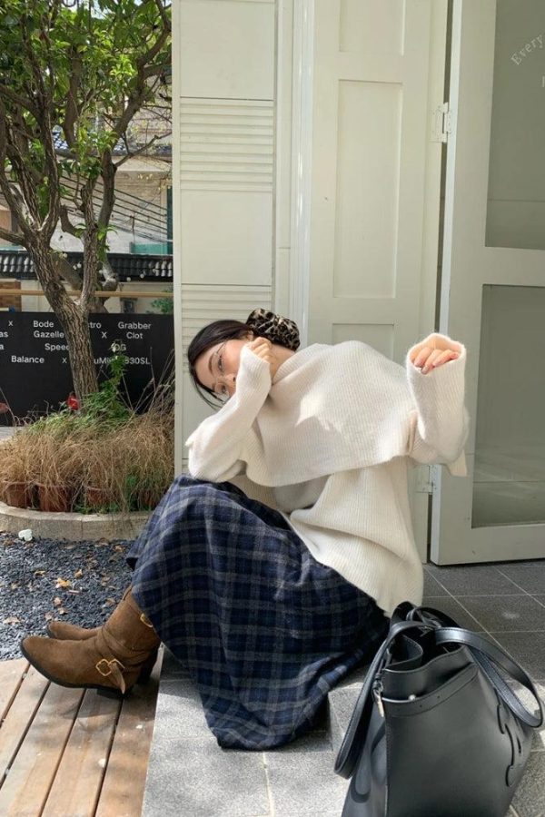 Asymmetric Plaid Midi Skirt