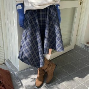 Asymmetric Plaid Midi Skirt