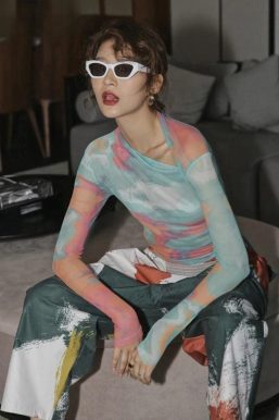 Asymmetric Tie Dye Mesh Top