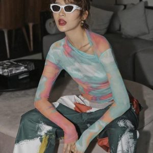 Asymmetric Tie Dye Mesh Top