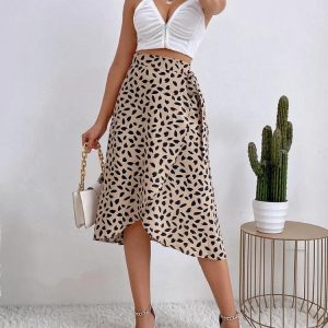 Asymmetric Tie Side Wrap Midi Skirt