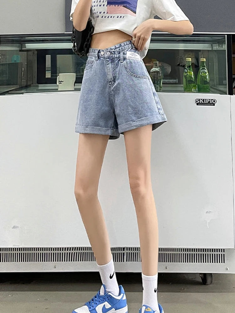 Asymmetric Waist Detail Denim Shorts Asymmetric Waist Detail Denim Shorts
