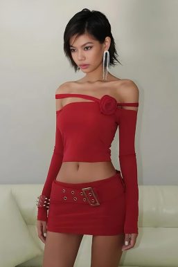 Baddie Rose Asymmetric Off Shoulder Top