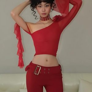 Baddie Rose One Shoulder Mesh Top