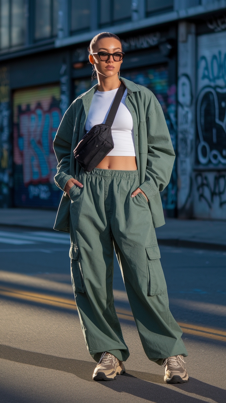Baggy Green Cargo Pants Outfit for a Casual Look outfit idea
