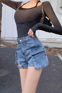 Belt Detail Cargo Denim Shorts