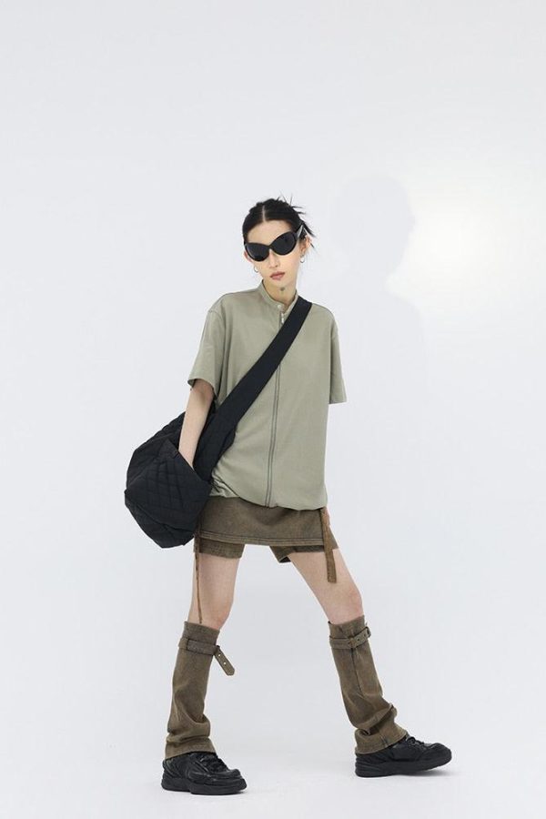 Belt Detail Denim Mini Skort With Leg Warmer