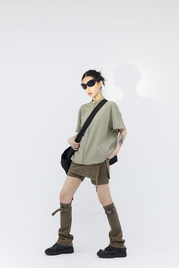 Belt Detail Denim Mini Skort With Leg Warmer