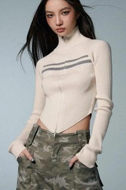 Belted Back Turtleneck Cropped Cardigan