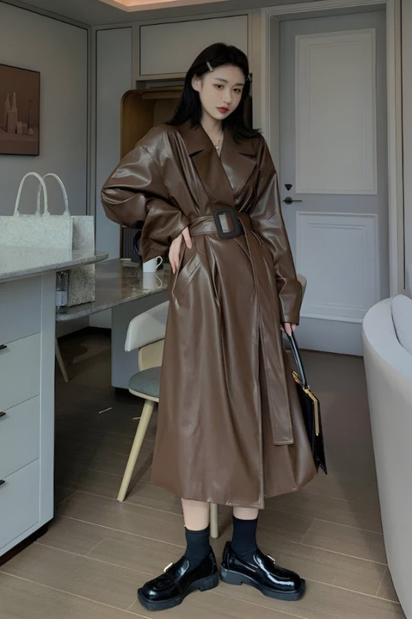 Belted Faux Leather Coat