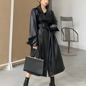 Belted Faux Leather Coat