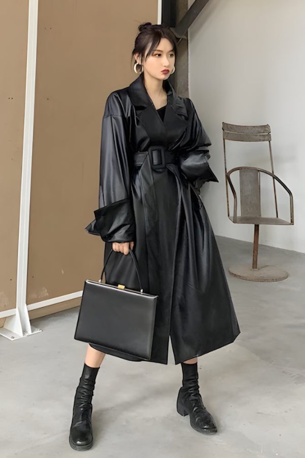 Belted Faux Leather Coat