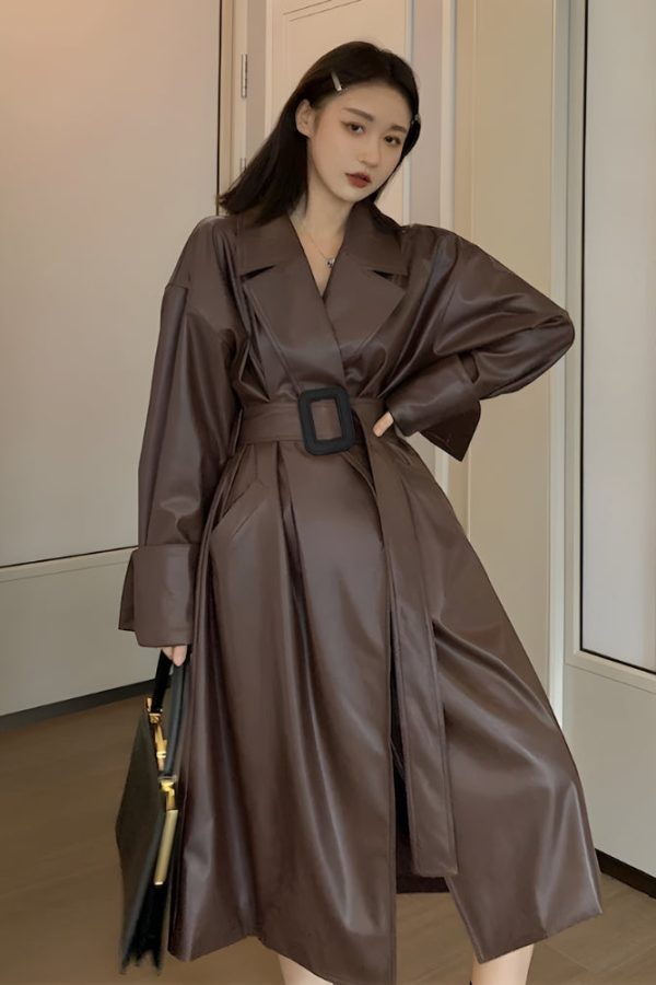 Belted Faux Leather Coat