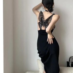 Black Butterfly Back Midi Dress