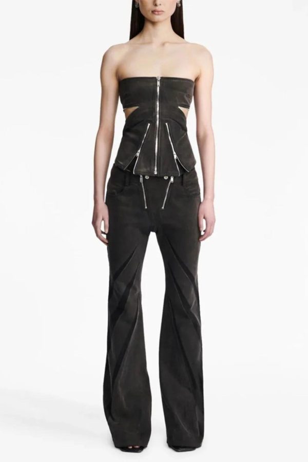 Black Denim Tube Top & Patch Jeans Two Piece Set