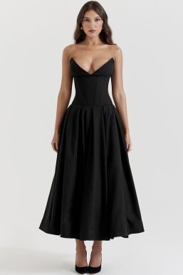 Black Plunge Corset Midi Dress