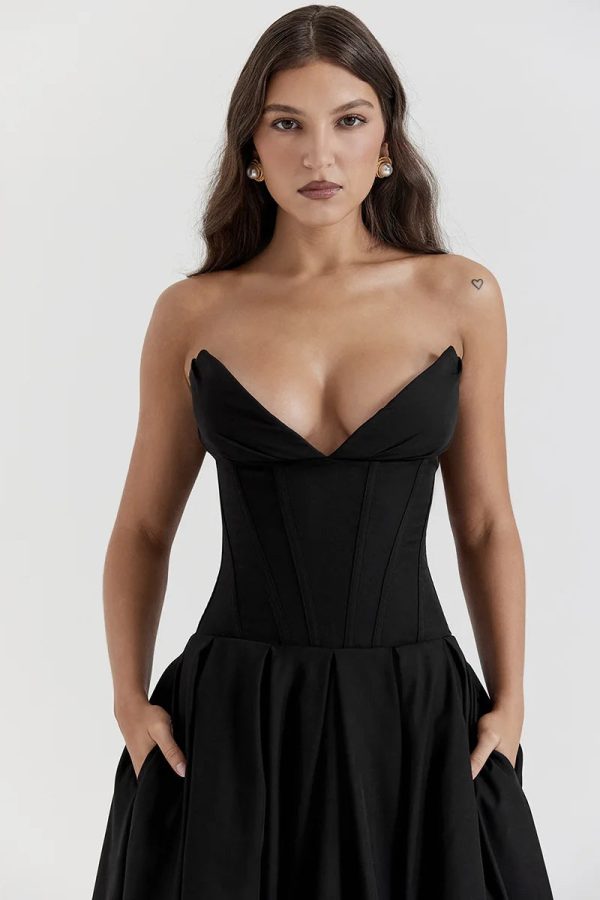 Black Plunge Corset Midi Dress