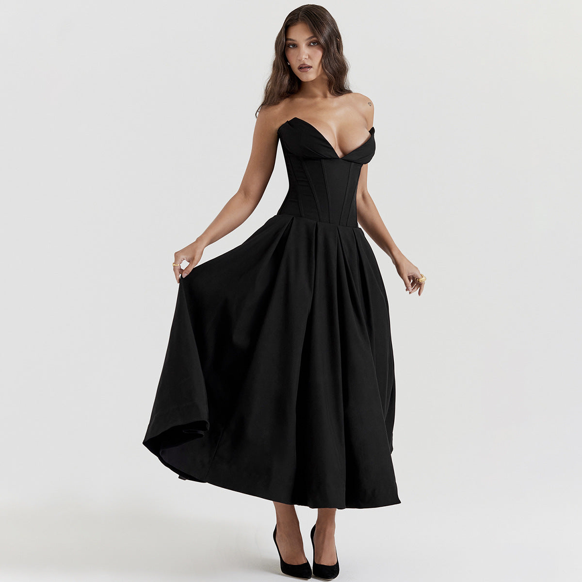 Black Plunge Corset Midi Dress Black Plunge Corset Midi Dress