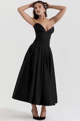 Black Plunge Corset Midi Dress