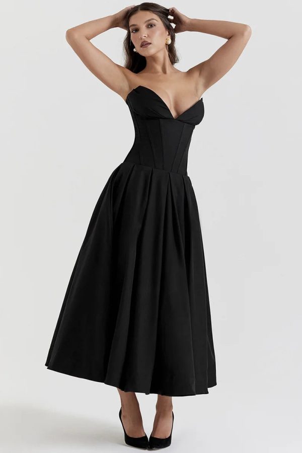 Black Plunge Corset Midi Dress