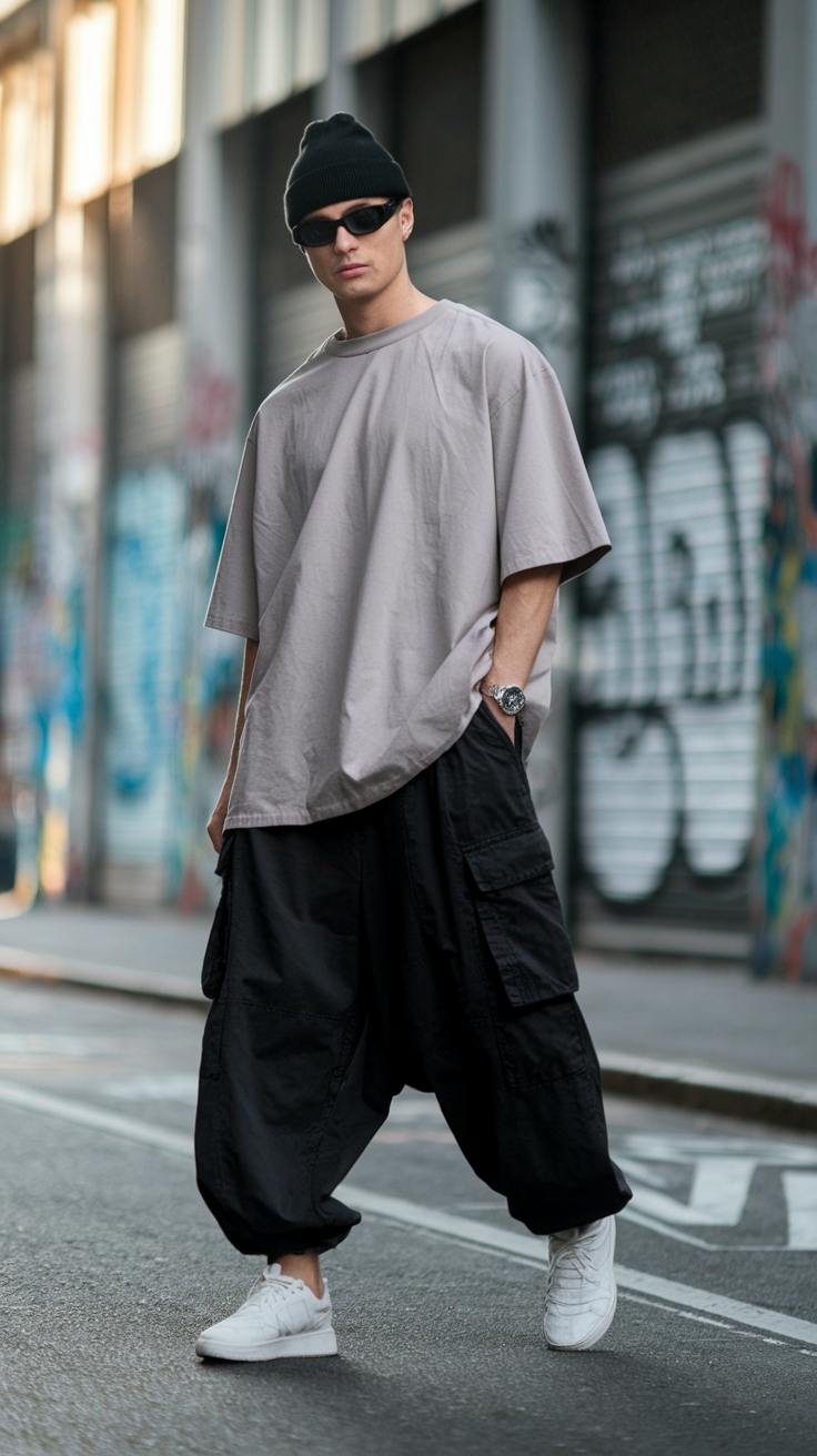 Black Baggy Cargo Pants Outfit for a Street Style Vibe outfit idea