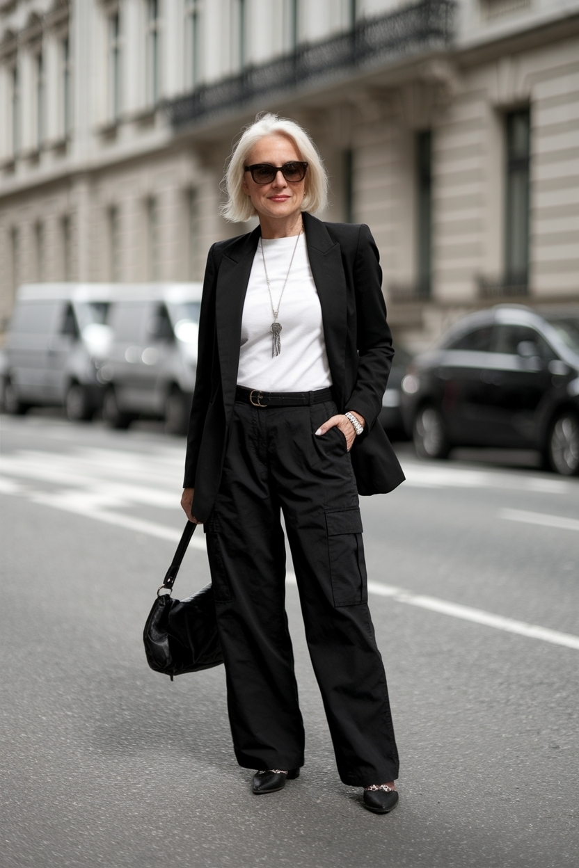 Black Cargo Pants Outfit Women Over 50 to Stay Fashion Forward outfit idea
