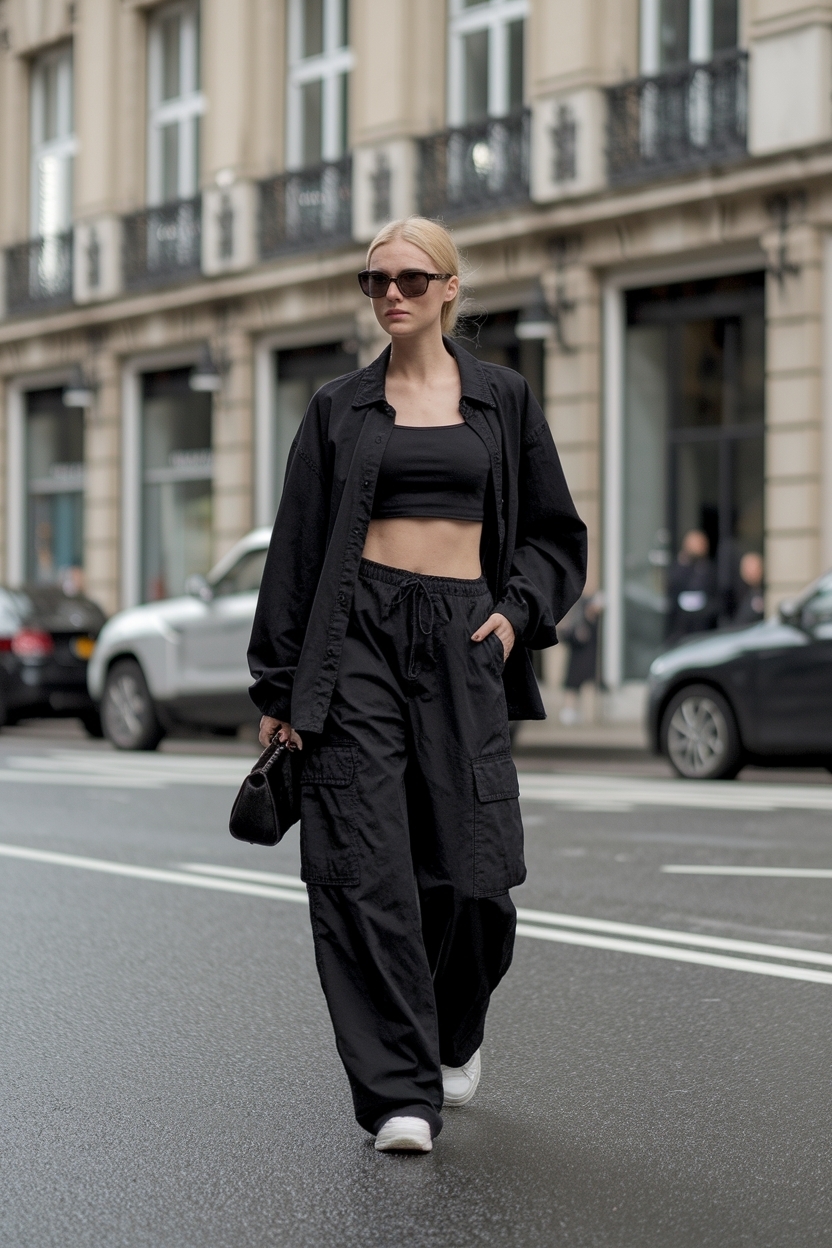 Black Oversized Cargo Pants Outfit Women for a Casual Edge outfit idea