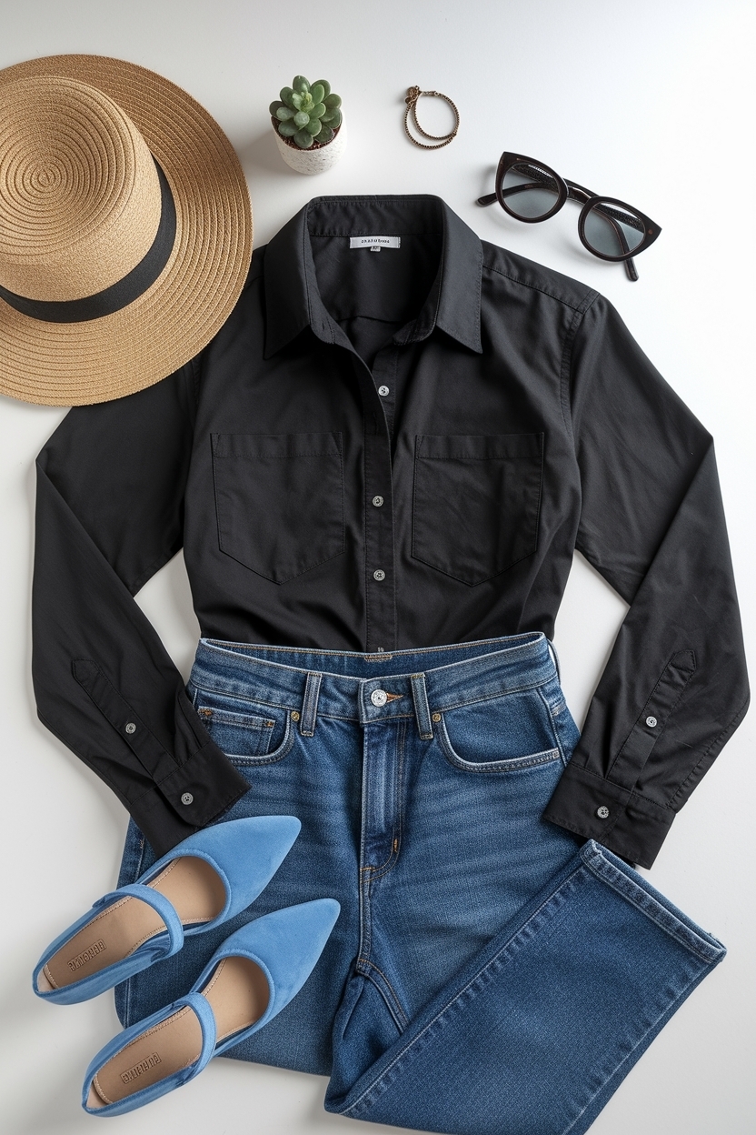 Stylish Black Shirt and Blue Jeans Outfit Ideas outfit idea