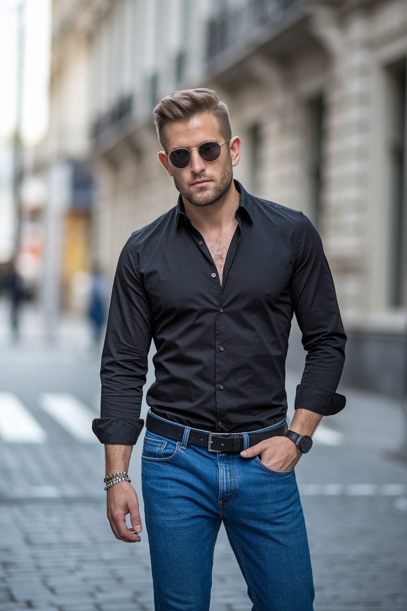 Black Shirt Blue Jeans Outfit Men: Classic Combinations outfit idea
