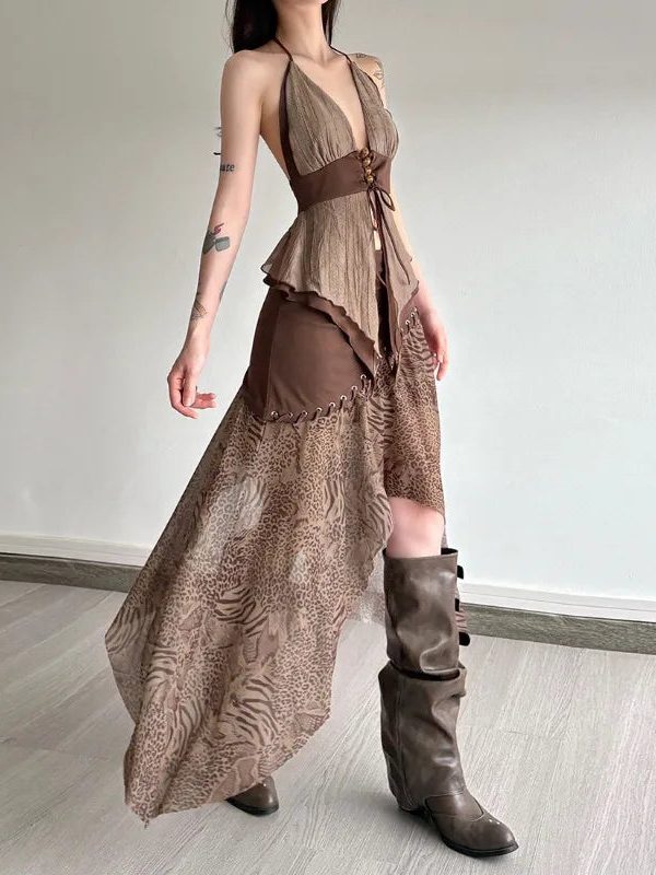 Boho Asymmetric Top & Leopard Midi Skirt Two Piece Set