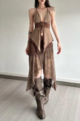 Boho Asymmetric Top & Leopard Midi Skirt Two Piece Set