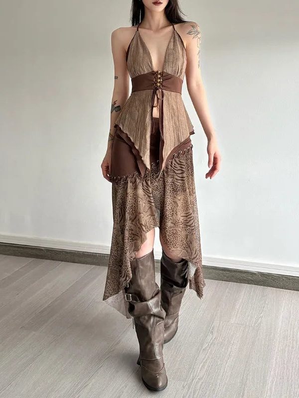 Boho Asymmetric Top & Leopard Midi Skirt Two Piece Set