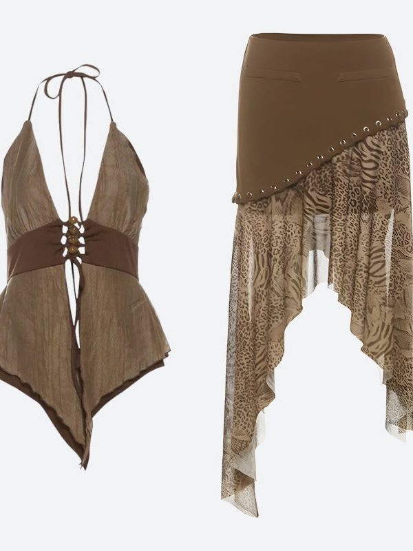 Boho Asymmetric Top & Leopard Midi Skirt Two Piece Set